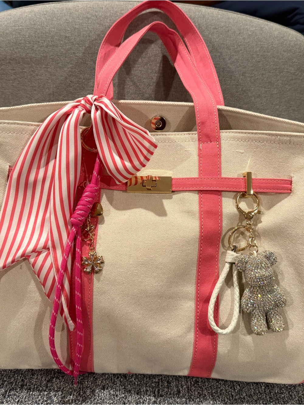 Sol & Mer Cream & Pink Tote with Bag Charms & Bow